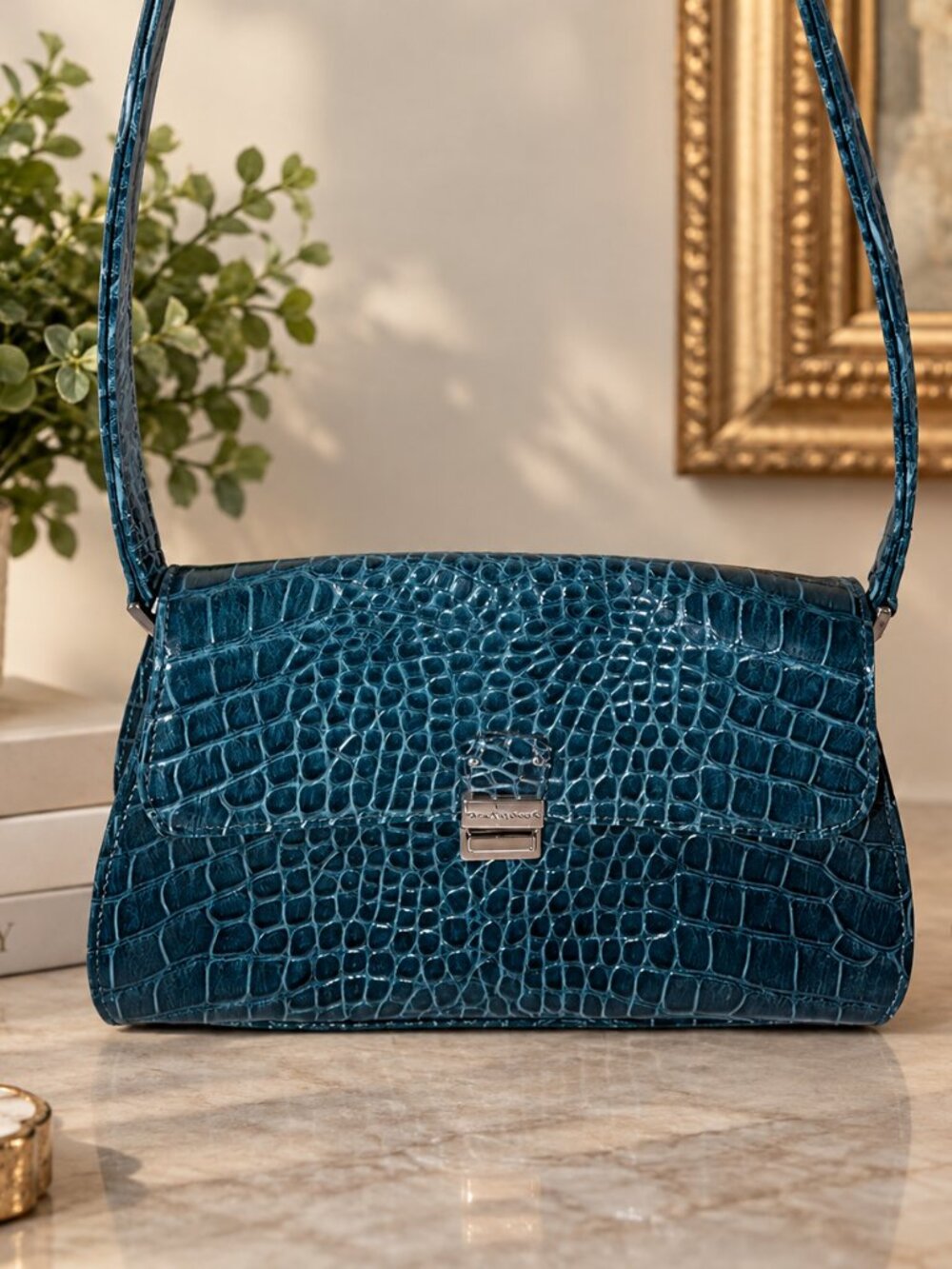 Vintage Liz Claiborne Teal Croc Embossed Shoulder Bag